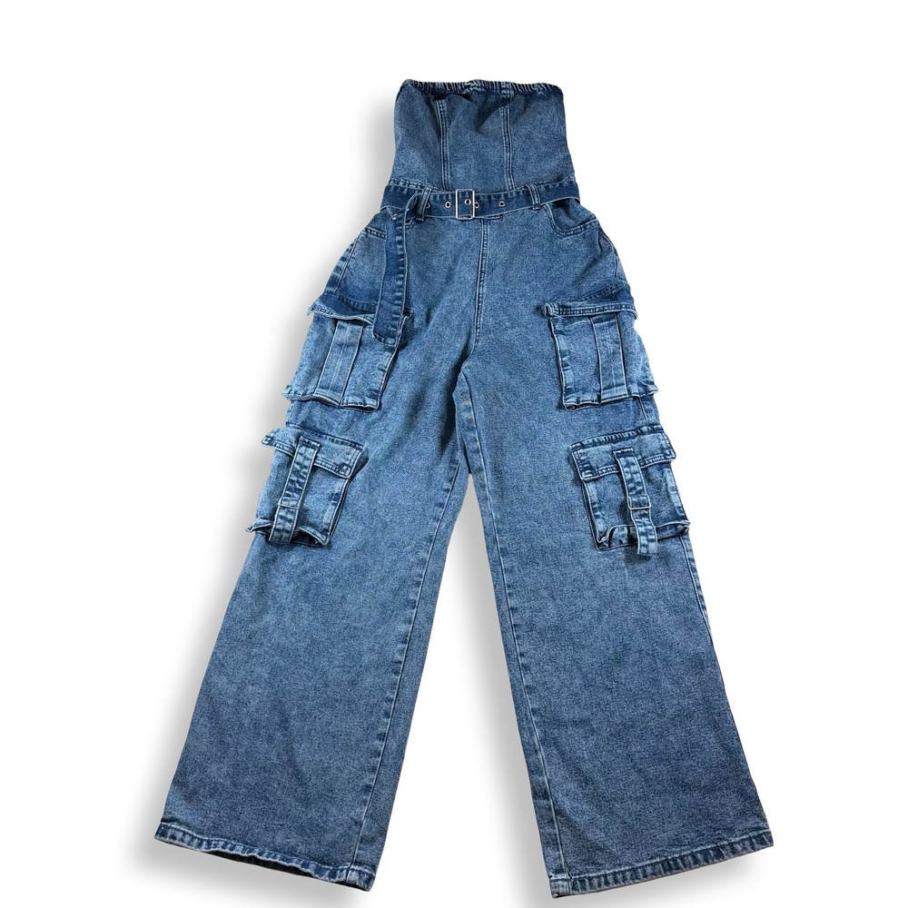 Forteen Twelve Womens Strapless Denim Cargo Jumpsuit Blue Wide Leg Belted Small